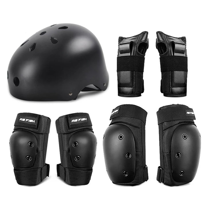 "Professional sports roller skating protective gear set: Knee, elbow, and wrist guards, along with a helmet. Suitable for kids and adults."